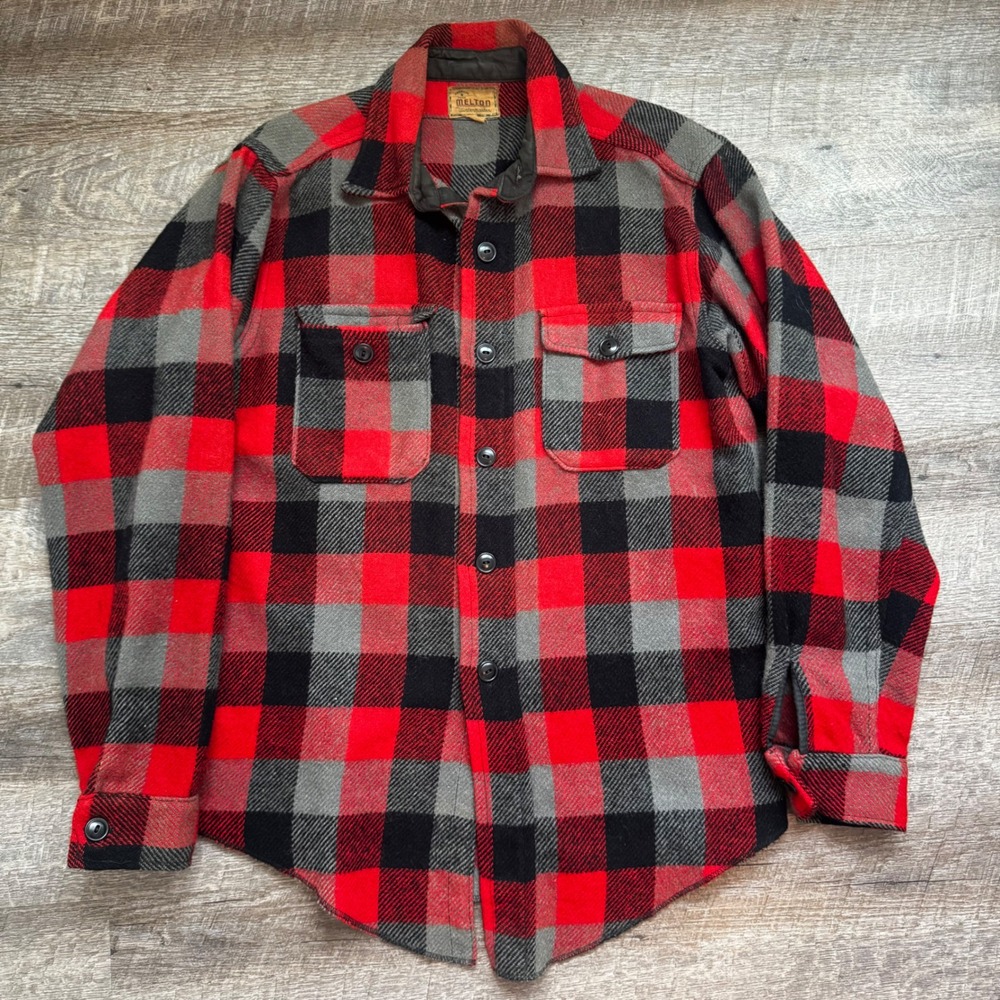 Melton‎ Wintermaster Buffalo Plaid Flannel Shirt Large  Red Black Grey Wool
